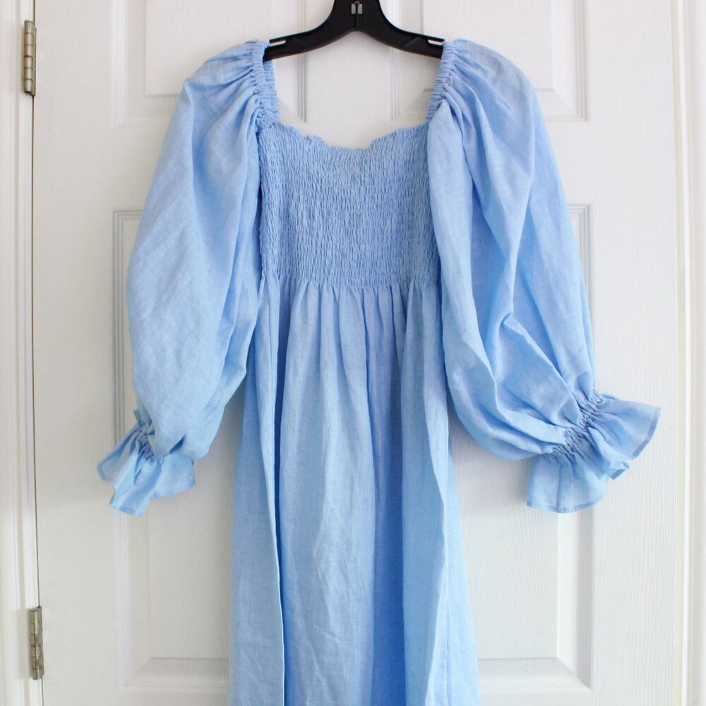 Sleeper Atlanta Midi Linen Dress in Light Blue Puff Sleeve Smocking - Picture 11 of 12